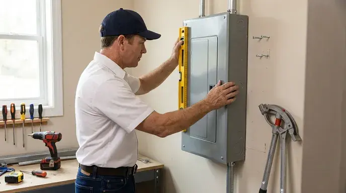 Electrician working on a breaker box