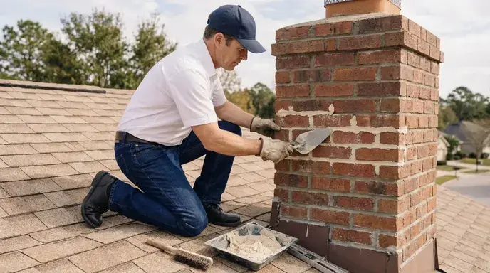 Chimney repair specialist on a roof