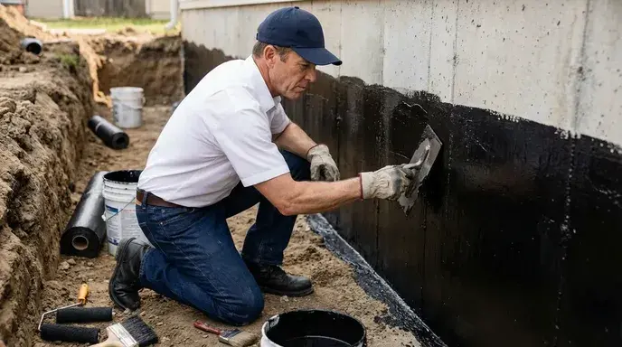 Water damage restoration professional repairing exterior damage to a residential property after water damage.