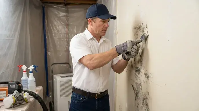 Mold remediation professional removing mold contamination from a residential property after water damage.