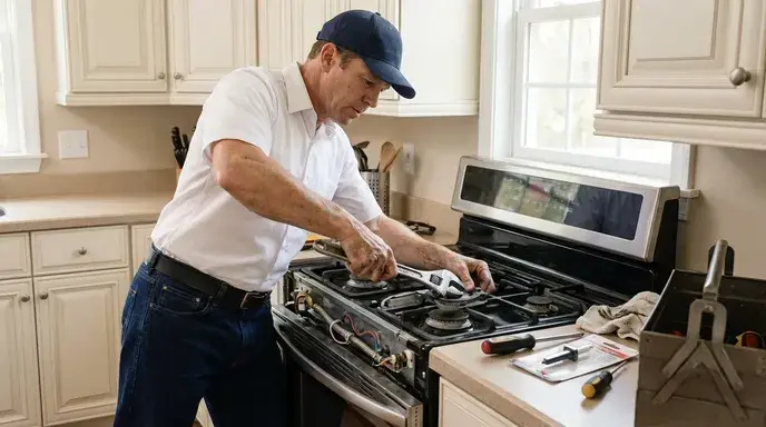 Technician repairing a range in a kitchen