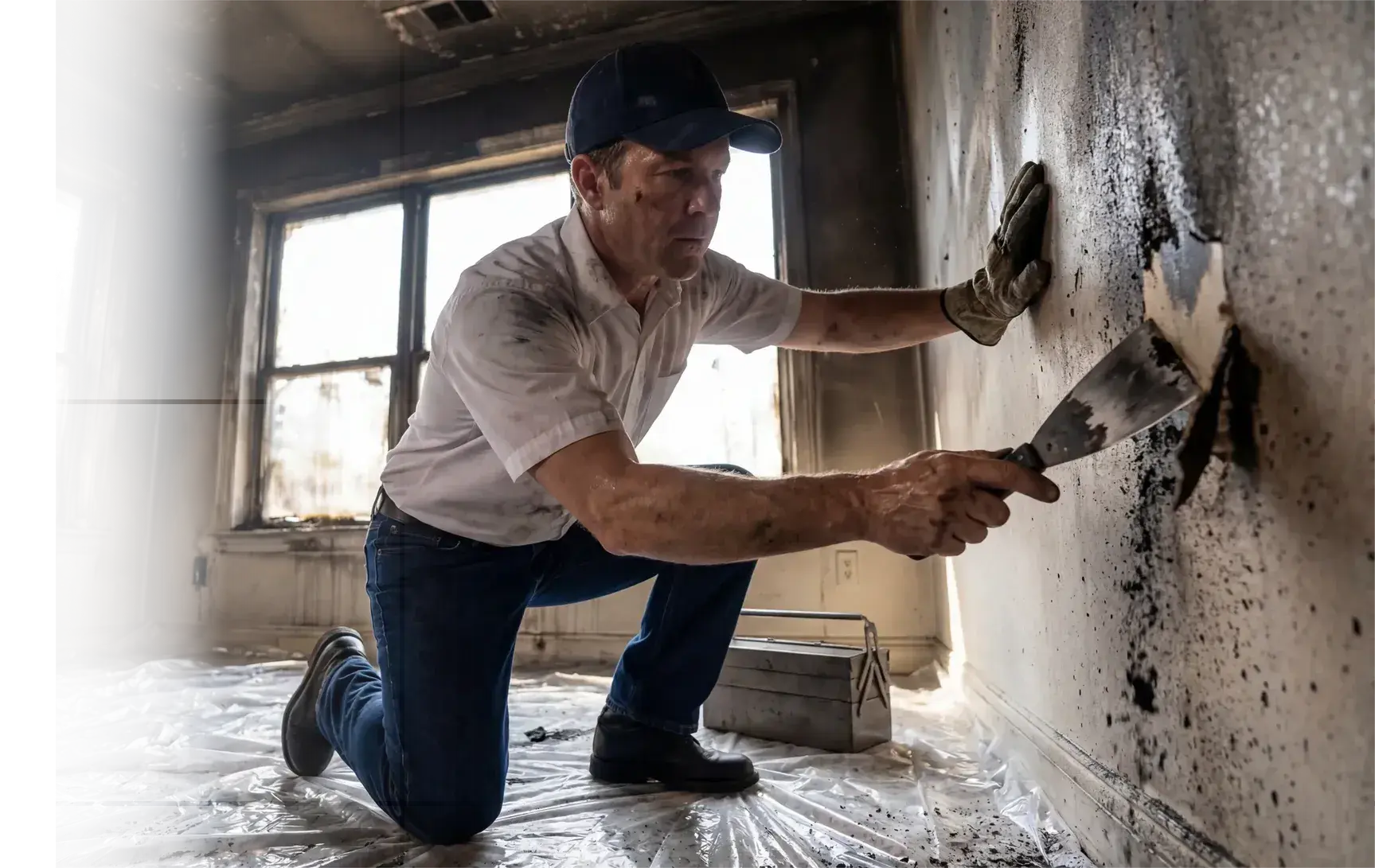 Restoration technician inspecting fire and soot damage on a wall