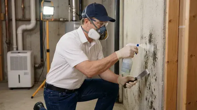 Mold remediation technician in a respirator treating mold on a basement wall