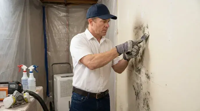 Mold remediation technician scraping mold from a wall inside a containment area