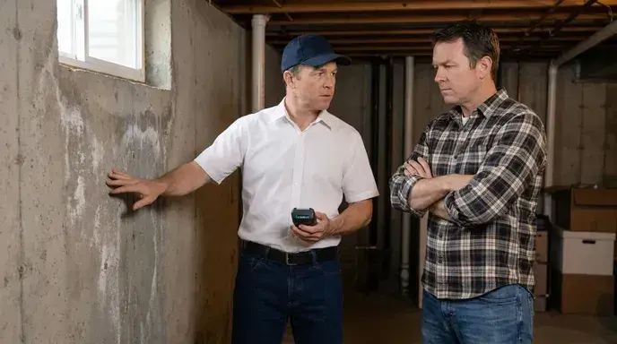 Waterproofing technician inspecting a basement wall with a homeowner