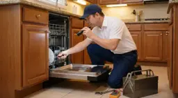 Appliance technician repairing a dishwasher in a wood cabinet kitchen