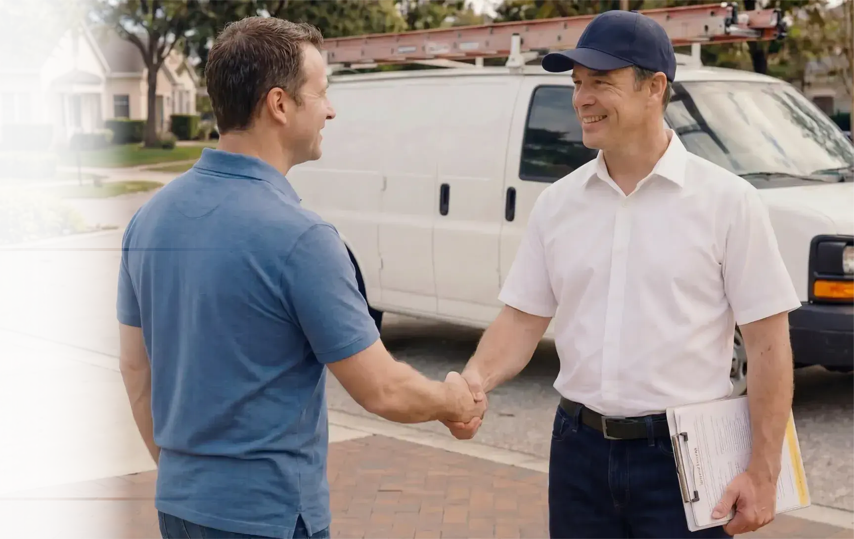 Homeowner shaking hands with a service technician beside a work van