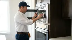 Appliance technician repairing a built-in wall microwave