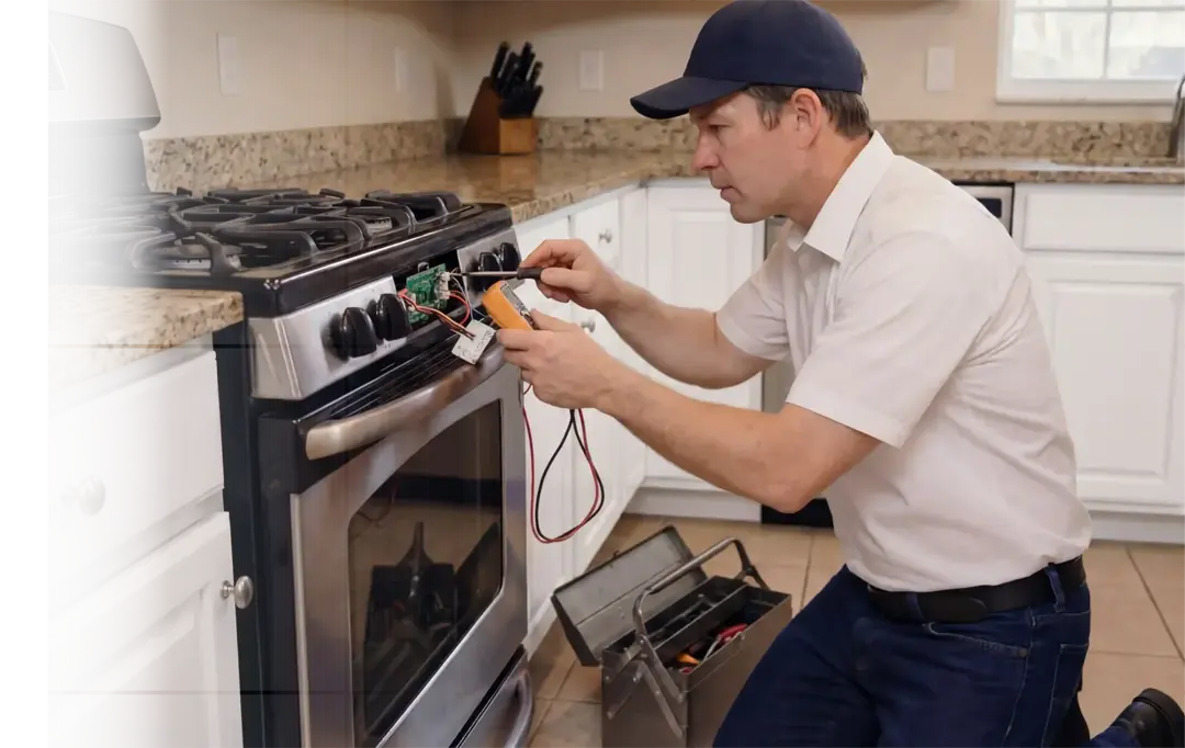 Appliance technician repairing a gas range in a kitchen