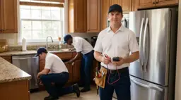 Appliance repair technician standing in a kitchen next to a stainless steel refrigerator
