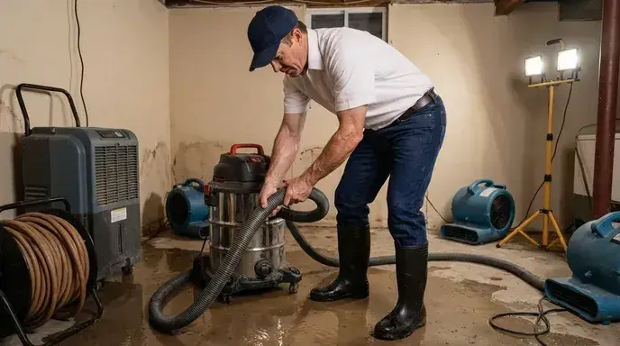 Restoration technician extracting standing water from a flooded basement