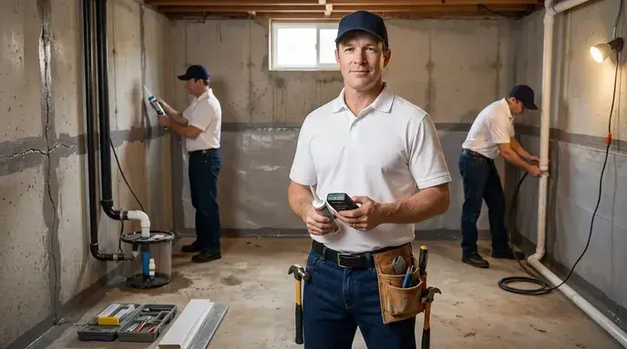 Waterproofing crew in a basement, lead technician holding a moisture meter