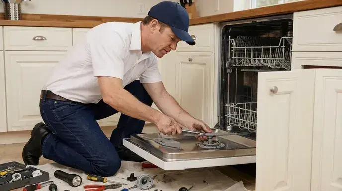 A Technician repairing a Dishwasher in a home