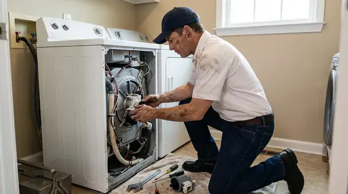 Technician Repairing A Washing Machine In A Kitchen