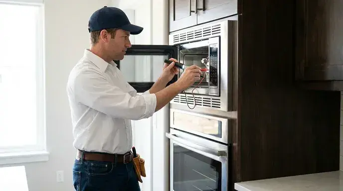 A Technician Repairing A Microwave In A House