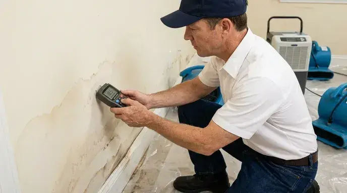 Water damage restoration technician inspecting a wall for moisture damage and restoration needs
