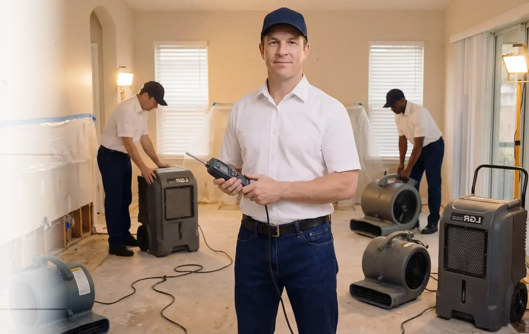 Water damage restoration crew with dehumidifiers and air movers in a home