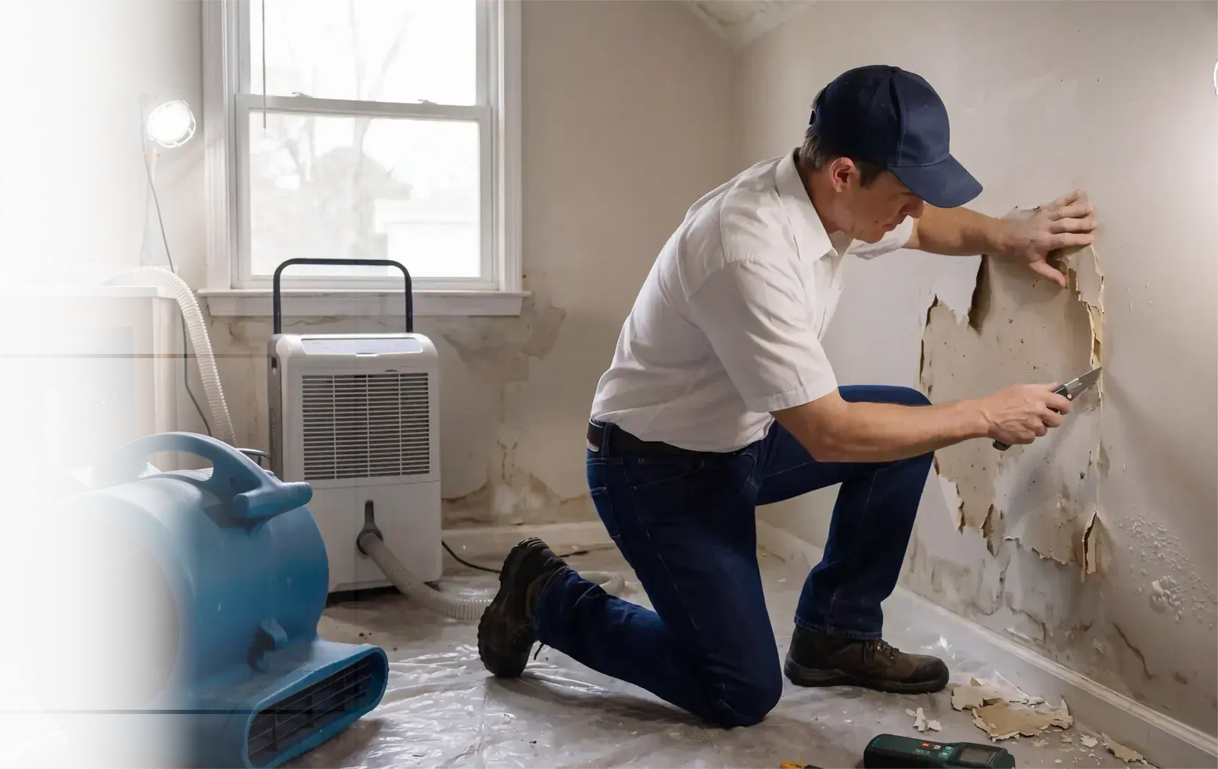 Restoration technician removing wet drywall beside a dehumidifier and air mover