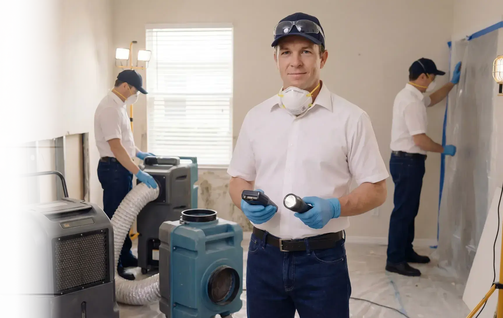 Mold remediation team with air scrubbers and dehumidifiers in a home